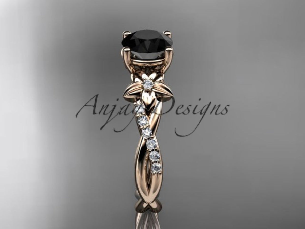 Black Diamond Flower Engagement Ring with Sculpted Yellow Gold Vines