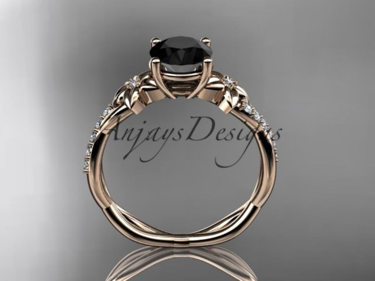 Black Diamond Flower Engagement Ring with Sculpted Yellow Gold Vines