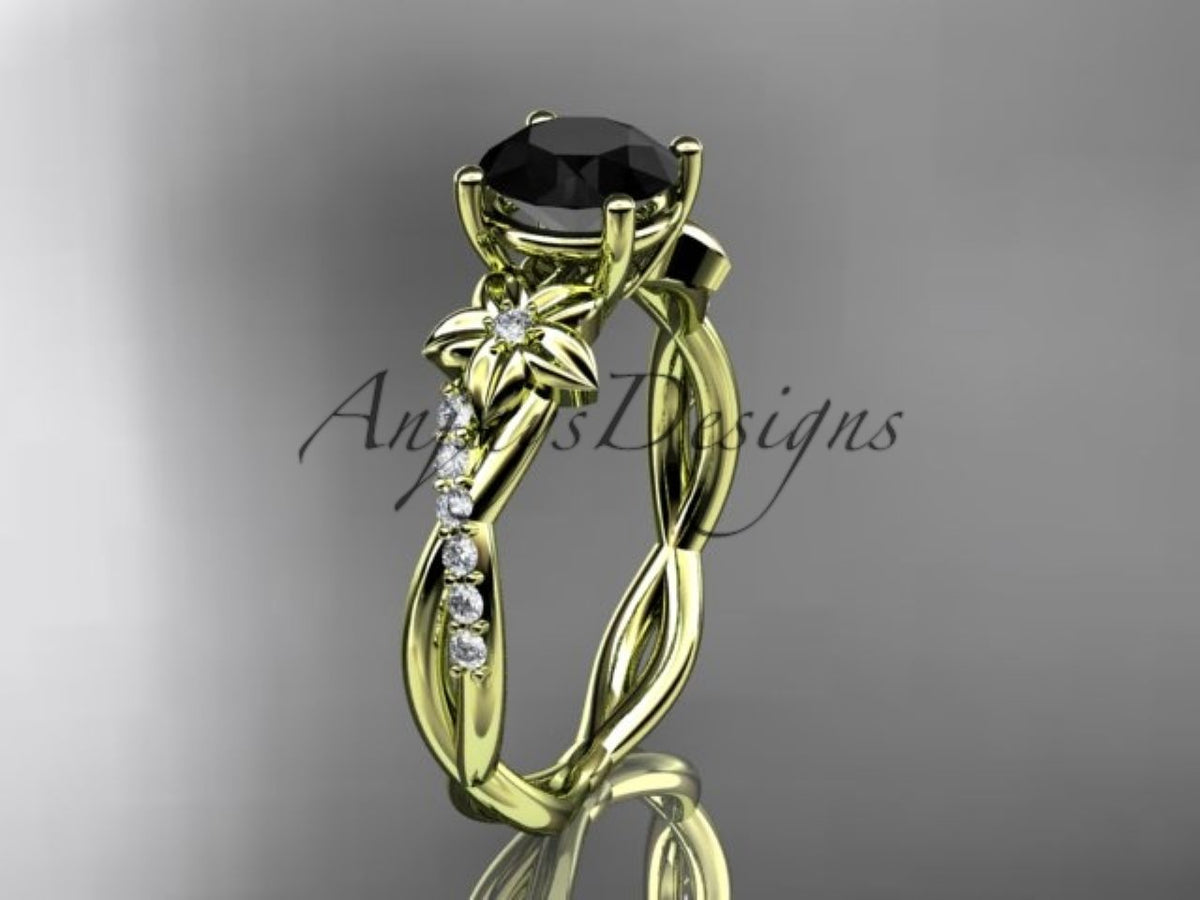 Black Diamond Flower Engagement Ring with Sculpted Yellow Gold Vines
