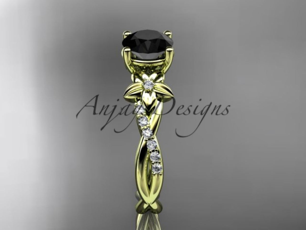 Black Diamond Flower Engagement Ring with Sculpted Yellow Gold Vines