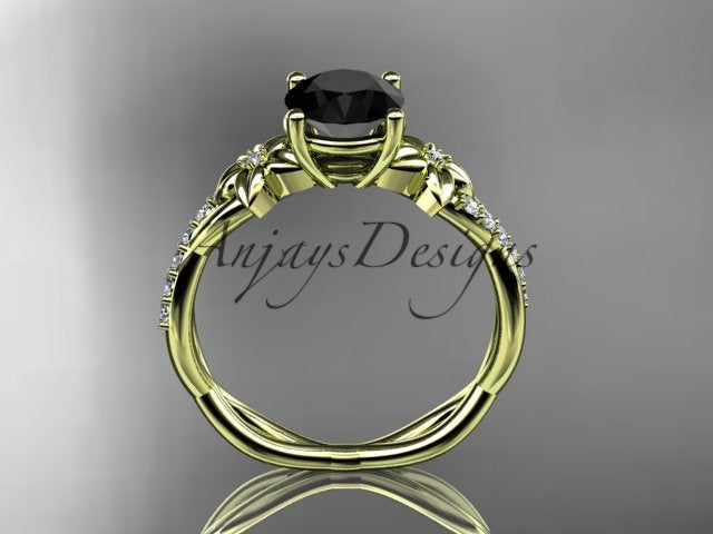Black Diamond Flower Engagement Ring with Sculpted Yellow Gold Vines