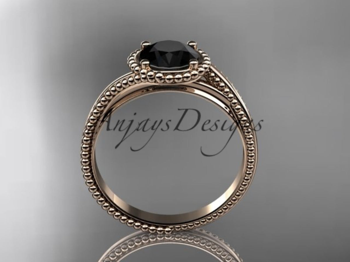 Side view of the black diamond solitaire ring in rose gold