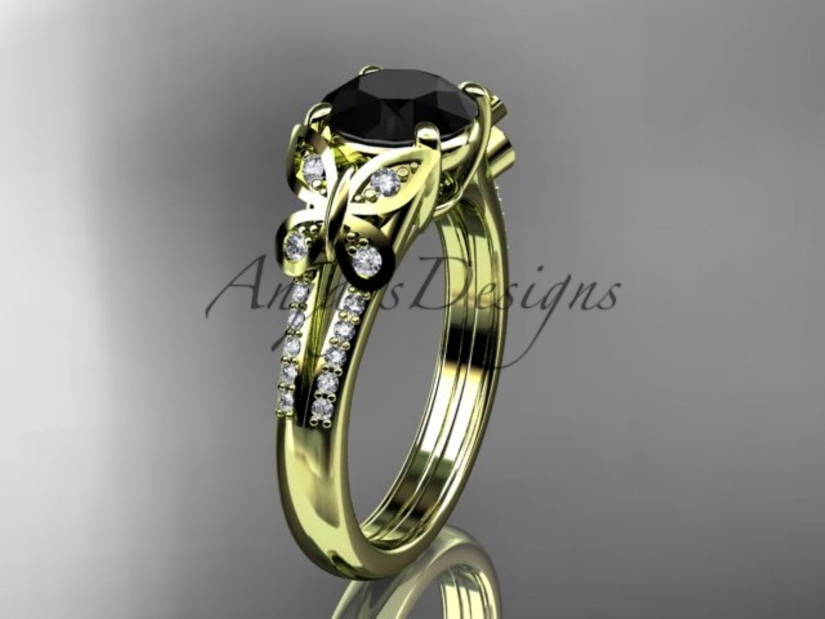 ADLR514 14K yellow gold butterfly engagement ring with enhanced black diamond