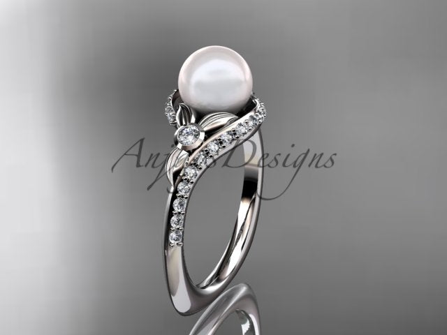 Front perspective of 14K white gold cultured pearl and lab grown diamond vine engagement ring AP112