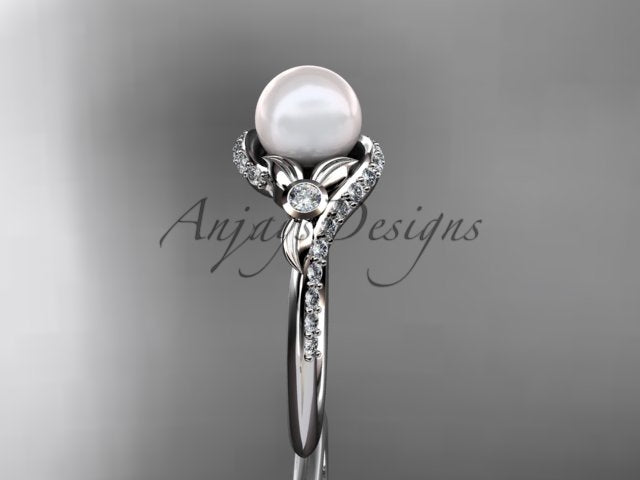 Close-up view of 6.5mm white cultured pearl paired with sculpted leaf and vine details