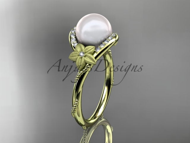 Front perspective view of 14K yellow gold cultured pearl and sculpted flower engagement ring AP166