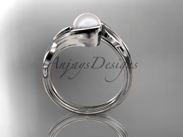 Top view of the white gold pearl leaf and vine engagement ring