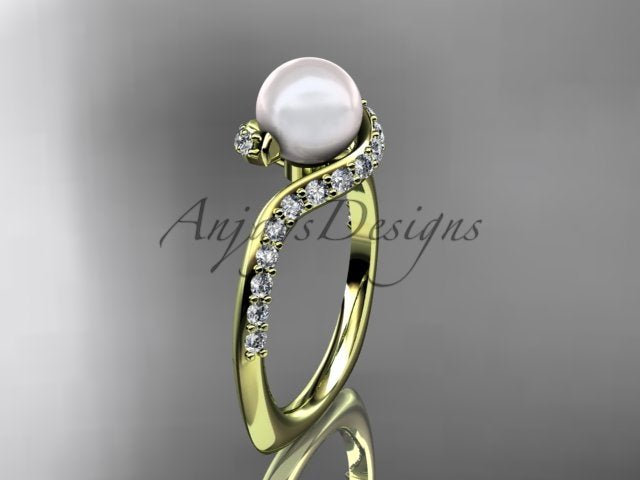 Front perspective of 14K yellow gold cultured pearl and lab grown diamond engagement ring AP277