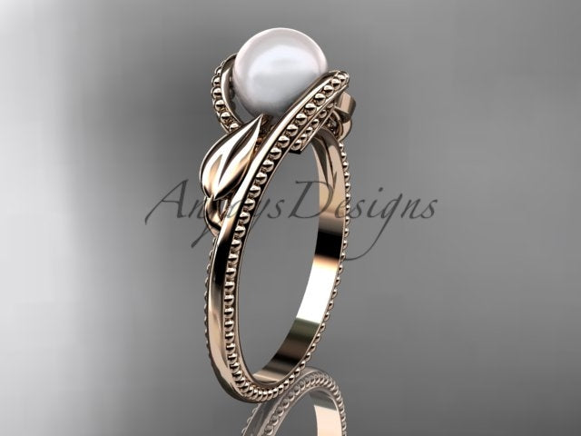 Front perspective view of 14K rose gold cultured pearl and beaded milgrain leaf engagement ring AP301