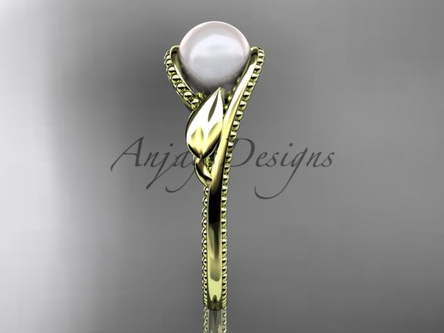Angled view showing the smooth leaf accent nestled beside the pearl and diamond-paved border