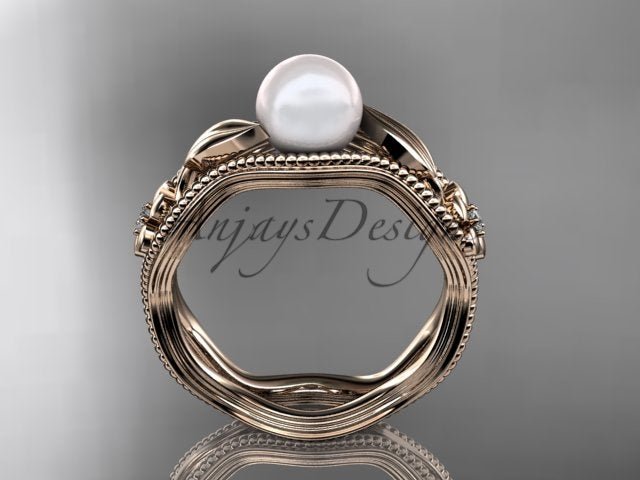 White cultured pearl in an ornate rose gold vine setting