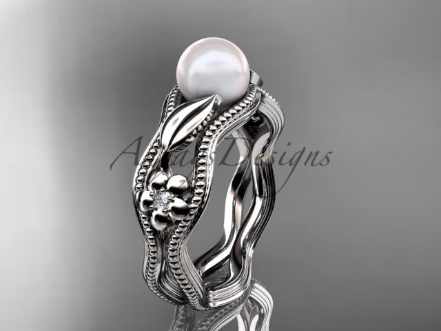 6.5 mm white cultured pearl in a botanical rose gold ring