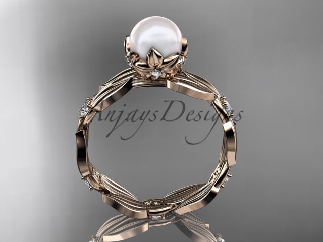 14K Rose Gold Pearl Vine and Leaf Diamond Engagement Ring - AnjaysDesigns