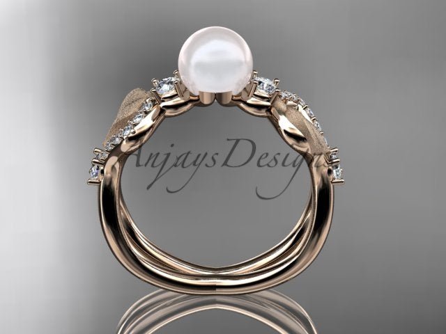 Women's 14K Yellow Gold Cultured Pearl Openwork Leaf Engagement Ring - AnjaysDesigns