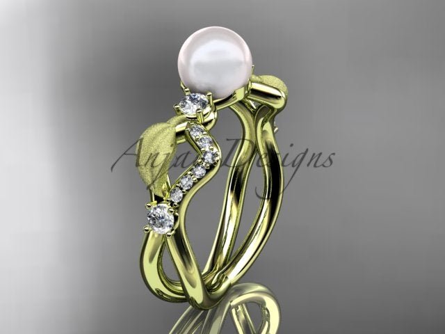 Women's 14K Yellow Gold Cultured Pearl Openwork Leaf Engagement Ring - AnjaysDesigns