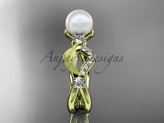 Women's 14K Yellow Gold Cultured Pearl Openwork Leaf Engagement Ring - AnjaysDesigns
