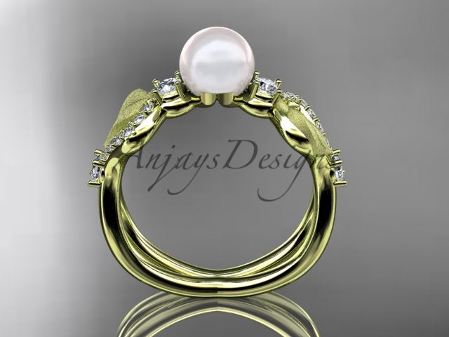 Women's 14K Yellow Gold Cultured Pearl Openwork Leaf Engagement Ring