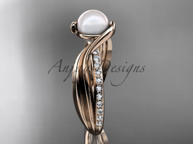 Close-up view of 6.5mm white cultured pearl cradled by interweaving rose gold strands