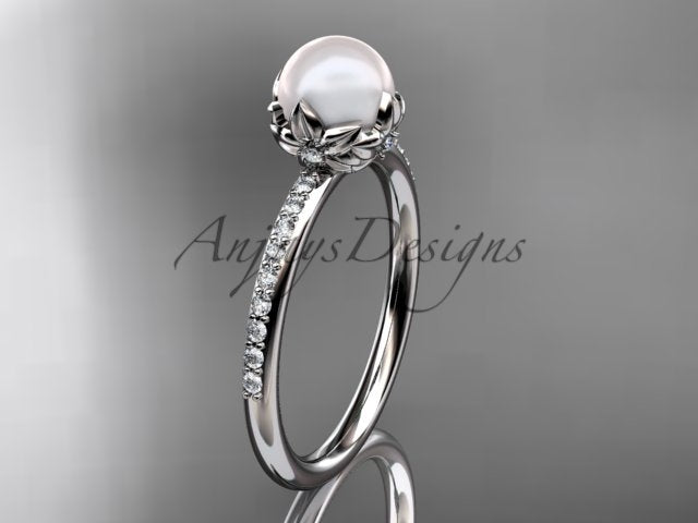 Front perspective view of 14K white gold cultured pearl and lotus crown engagement ring AP92