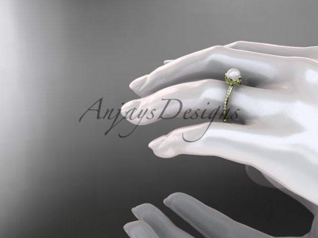 On-finger showcase of the refined 14K white gold pearl lotus crown engagement ring AP92