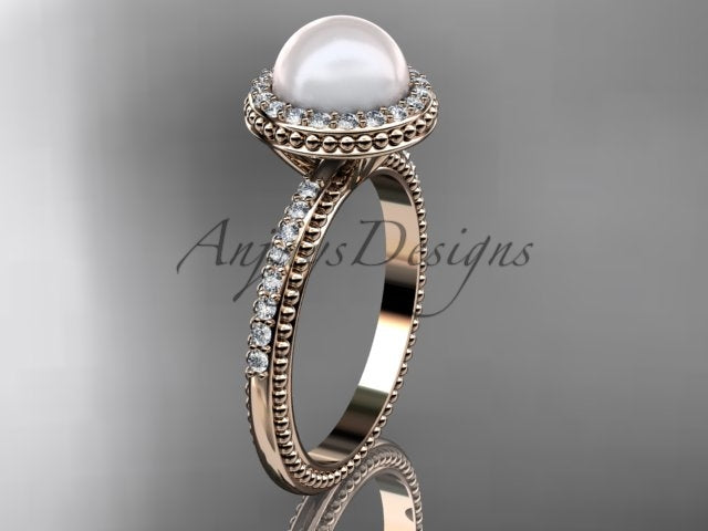 Angled perspective highlighting the intricate milgrain texture and pave diamond band design