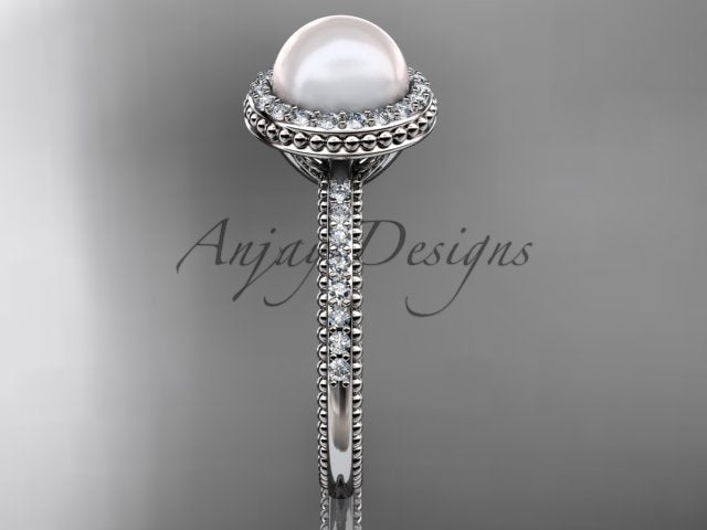 Close-up shot of 7.5mm white cultured pearl surrounded by a brilliant lab grown diamond halo