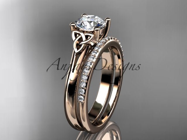 14K rose gold Celtic trinity knot bridal ring with matching bands