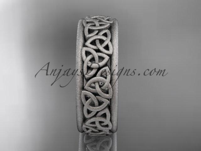 Side view of 14K white gold Celtic trinity knot matte finish wedding band CT7163G showing profile height