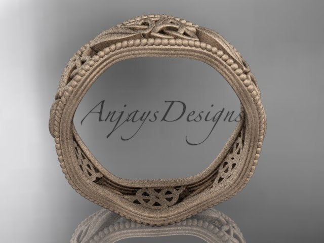 Top-down view of 14K rose gold leaf pattern matte finish Celtic wedding ring CT7190G displaying 7.60mm width