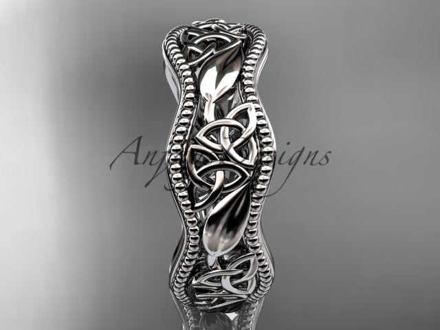 Side view of 14K white gold Celtic trinity knot and leaf wedding band CT7190G showing profile height