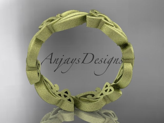 Top-down view of 14K yellow gold matte finish diamond Celtic wedding band CT7191B displaying 6.0mm width