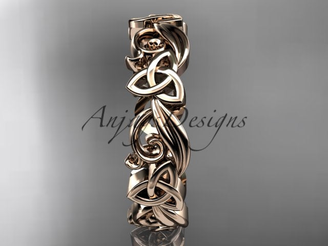 Side angle view of 14K rose gold diamond Celtic trinity ring CT7191B displaying 2.0mm thickness