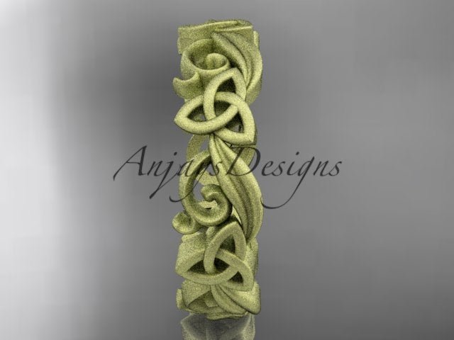 Side angle view of 14K yellow gold matte finish diamond Celtic trinity ring CT7191B showing 2.0mm thickness