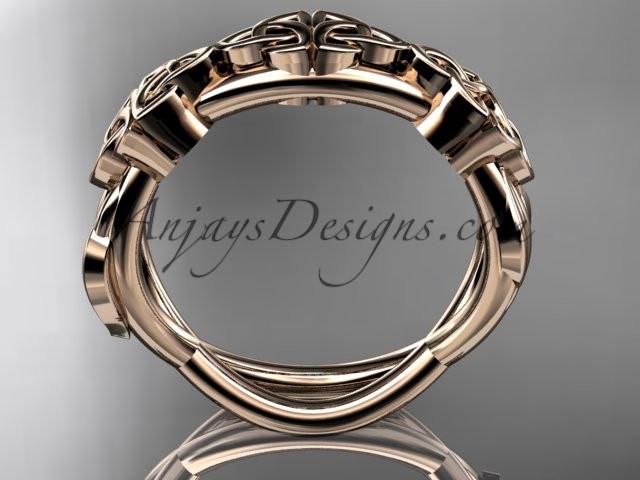 Top-down view of 14K rose gold leaf pattern Celtic wedding ring CT7204G displaying 6.0mm width