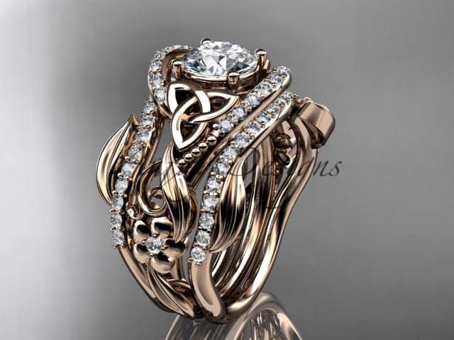 14K rose gold Celtic trinity knot engagement ring set with matching bands
