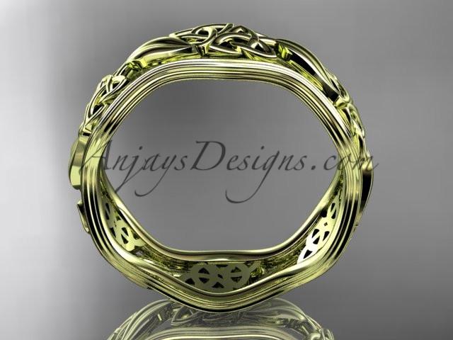 Top-down view of 14K yellow gold leaf pattern Celtic wedding ring CT7504G displaying 7.60mm width