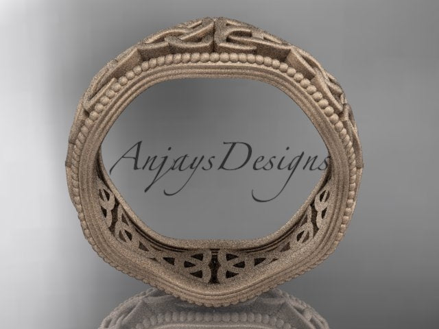 Top-down view of 14K rose gold leaf pattern matte finish Celtic wedding ring CT7190G displaying 7.60mm width