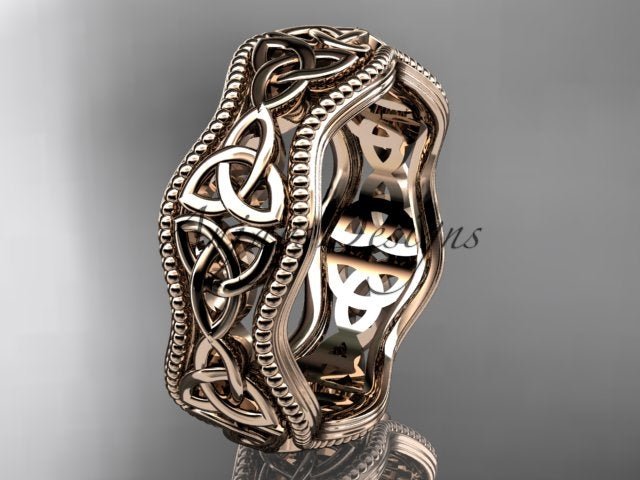Three-quarter angle perspective of openwork 14K rose gold Celtic ring CT750B
