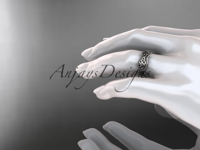 Women's 14K white gold Celtic trinity knot engagement band CT750B worn on finger