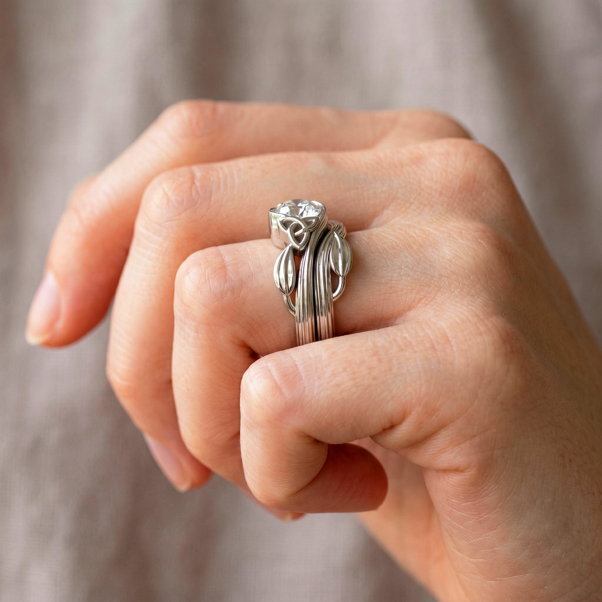 Nature inspired Celtic bridal set with Trinity Knot engagement ring