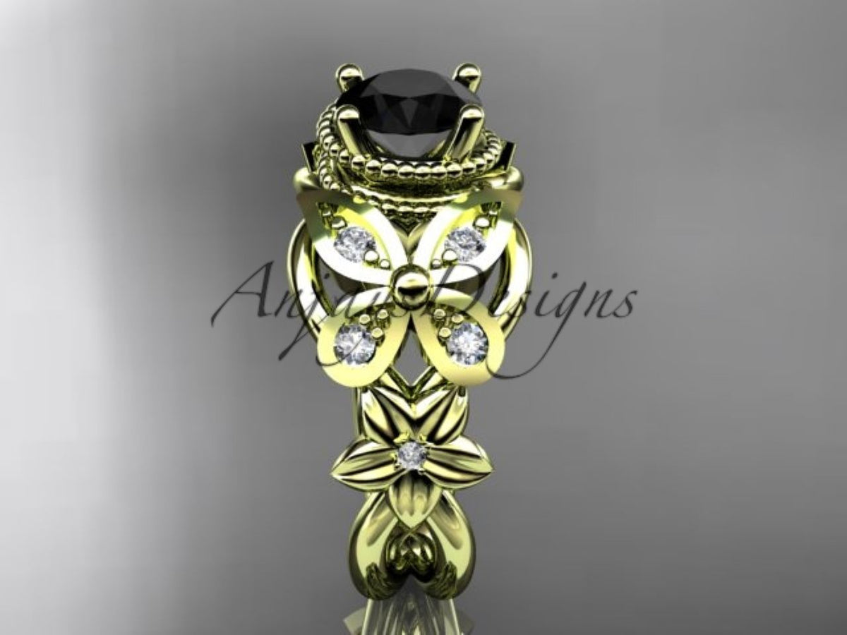 Floral and butterfly detailing on a black diamond ring