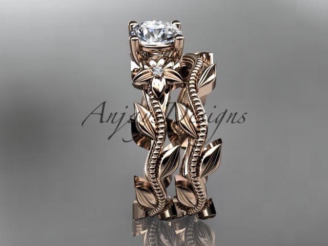 1 Carat Round Lab Grown Bridal Set Nature Inspired Engagement Ring Flower Ring Set IGI Certified - AnjaysDesigns