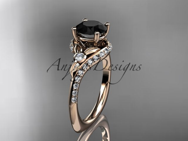 • Rose gold black diamond wedding ring set, style ADLR112BD. Three-quarter view showcasing a prominent round black diamond center stone in a leaf bypass crown setting paired with a nested pave diamond wedding band.