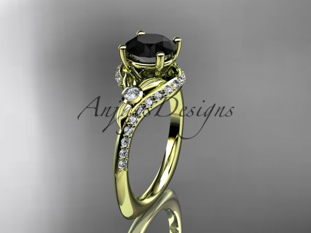 • Yellow gold black diamond wedding ring set, style ADLR112BD. Three-quarter view featuring the green-tinted yellow gold variant, highlighting the dark center stone secured within a bypass leaf vine layout.