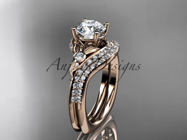 Rose gold diamond wedding ring set, style ADLR112S. Three-quarter profile view showcasing a round center diamond in a floral bypass setting nested against a matching curved pave diamond band.