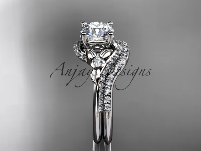 • White gold diamond wedding ring set, style ADLR112S. Front view showcasing the clean, bright white metal finish highlighting the organic flow of the nested pave rings.