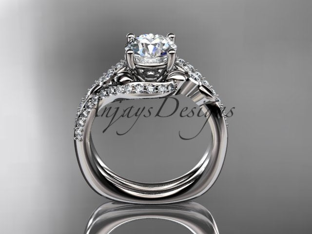 • White gold diamond wedding ring set, style ADLR112S. Side profile view displaying the stacked circular structure and the secure open basket holding the main diamond.