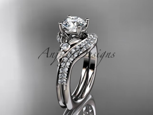 White gold diamond wedding ring set, style ADLR112S. Three-quarter view displaying the polished white gold option with a diamond halo bypass crown and nested wedding band.