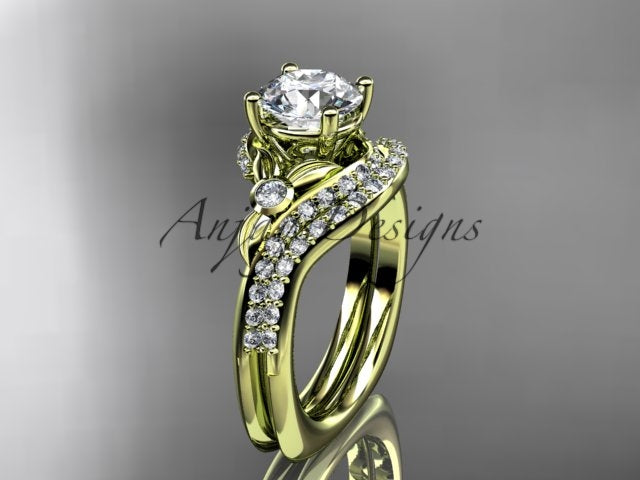 • Yellow gold diamond wedding ring set, style ADLR112S. Three-quarter view featuring the green-tinted yellow gold variant with a leaf bypass motif and a flush-fitting pave accent band.