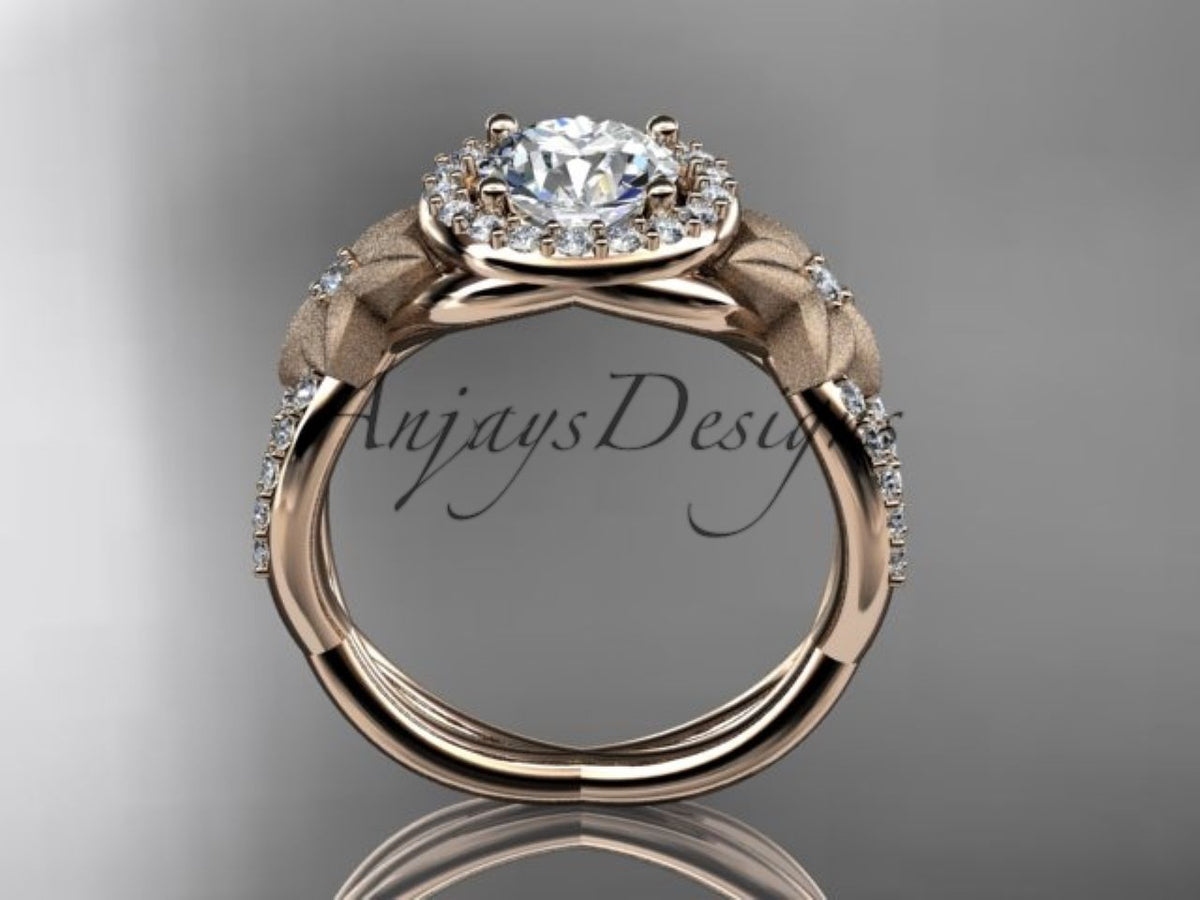 Rose gold diamond engagement ring, style ADLR127 Side profile view displaying the continuous metal bands and the structure of the high-set central basket.